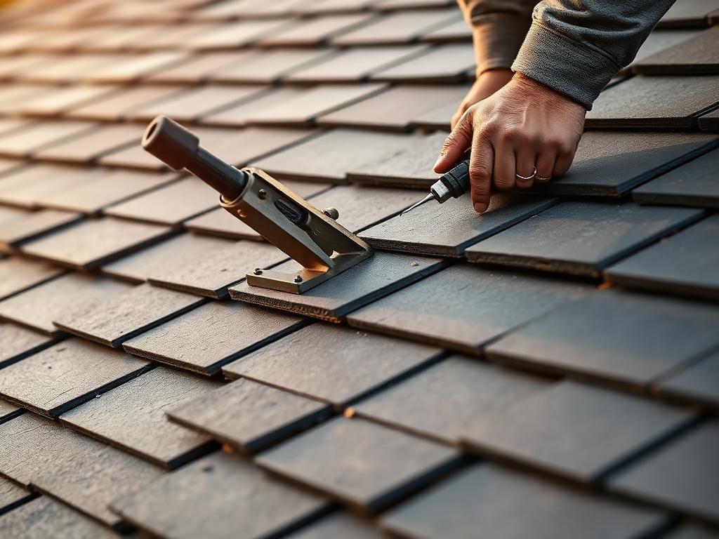 Dachdecker verlegt Schieferplatten in Handarbeit